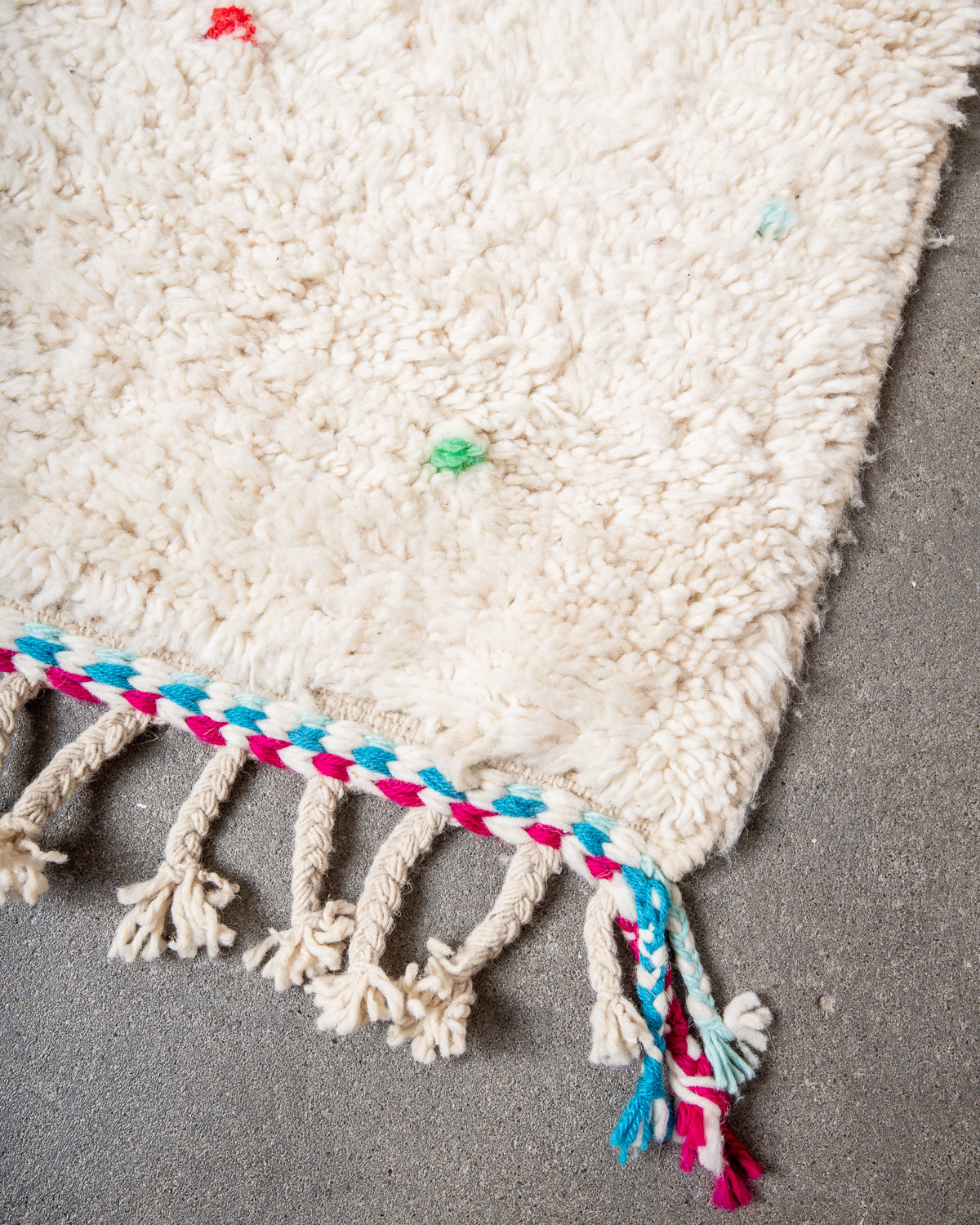 Modern, designer, handcrafted Berber rug from Morocco. Beniourain carpet with beautiful colours and patterns and fluffy wool texture.